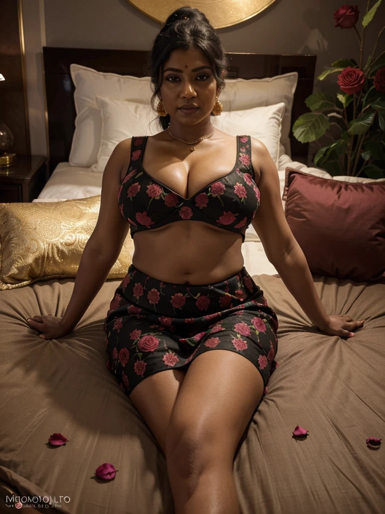 best quality,4k,8k,highres,masterpiece:1.2,ultra-detailed,realistic:1.37,sexy, 40 years old,big busty, chubby, fatty, horny, dark black skin, Tamil Nadu aunty in flowerful colourful lehenga dress,Ponytail with Puff hairstyle,sexy dark room,showing full sexy body structure by having sexual pleasure pose by laying on her rose petals filled night bed