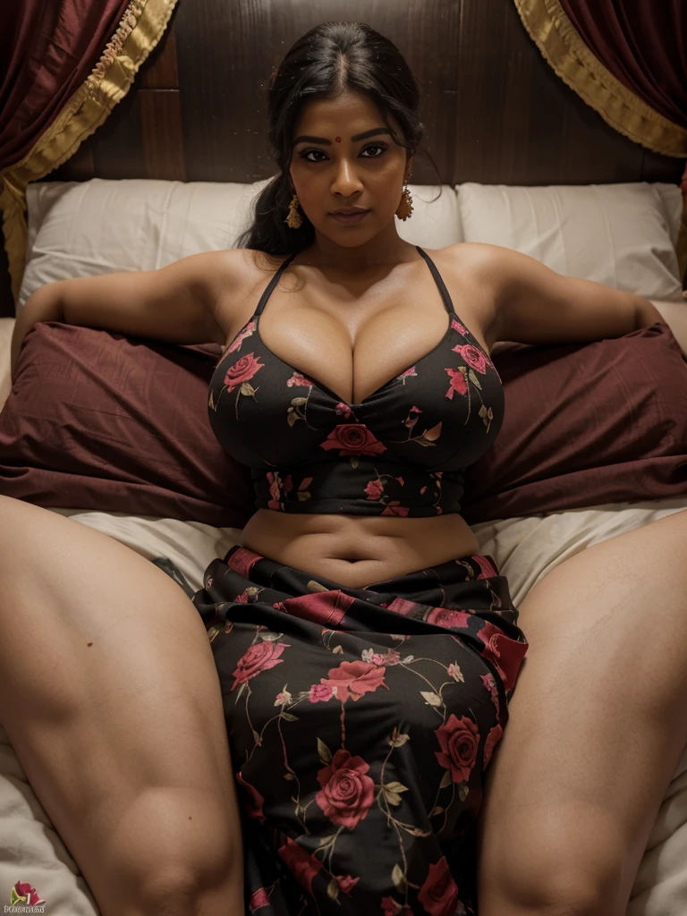 best quality,4k,8k,highres,masterpiece:1.2,ultra-detailed,realistic:1.37,sexy, 40 years old,big busty, chubby, fatty, horny, dark black skin, Tamil Nadu aunty in flowerful colourful lehenga dress,Ponytail with Puff hairstyle,sexy dark room,showing full sexy body structure by having sexual pleasure pose by laying on her rose petals filled night bed