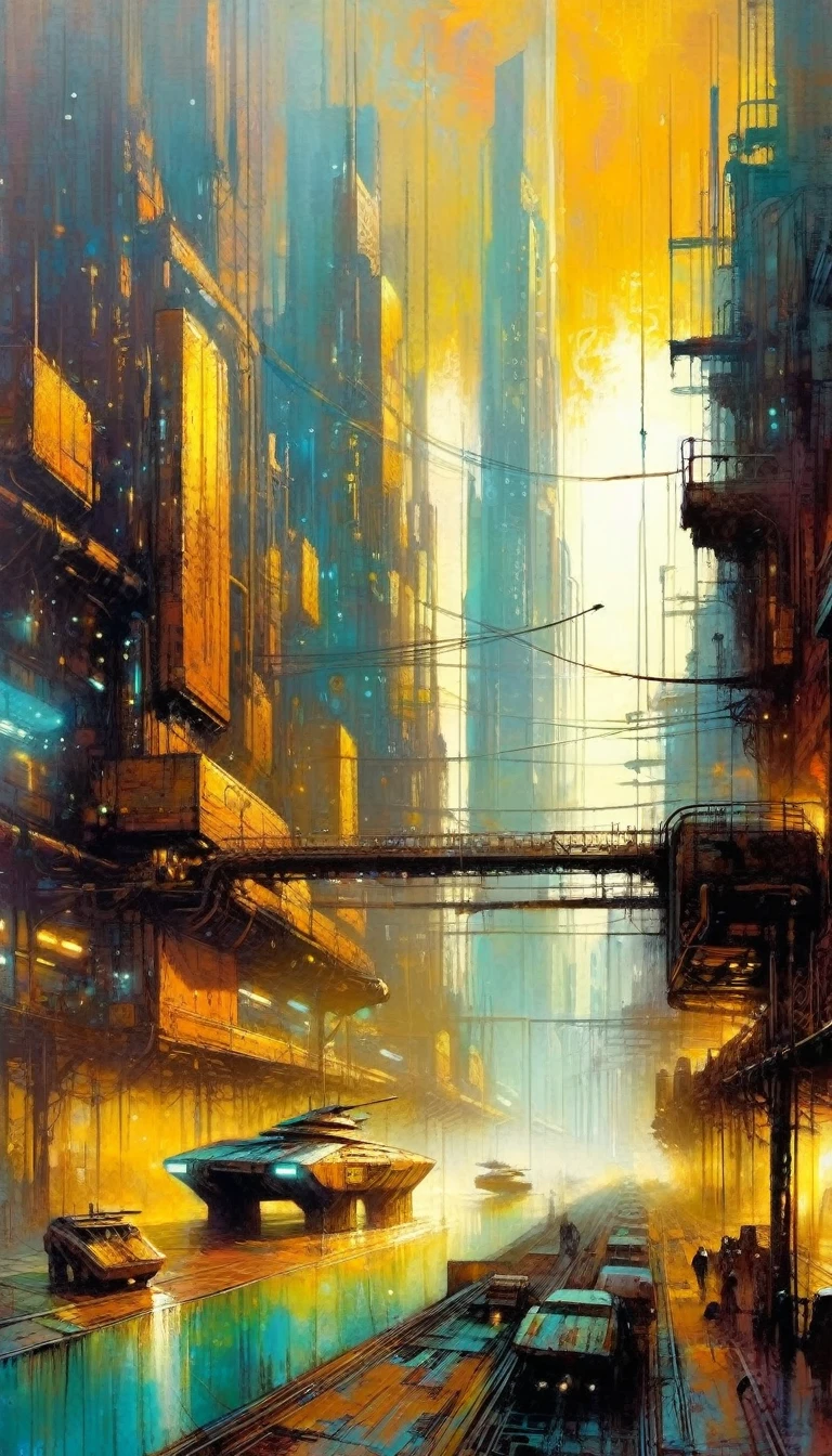 futuristic city.1.5, rusty metal city, lots of details(Bill Sienkiewicz inspired art, intricate details, oil painting)