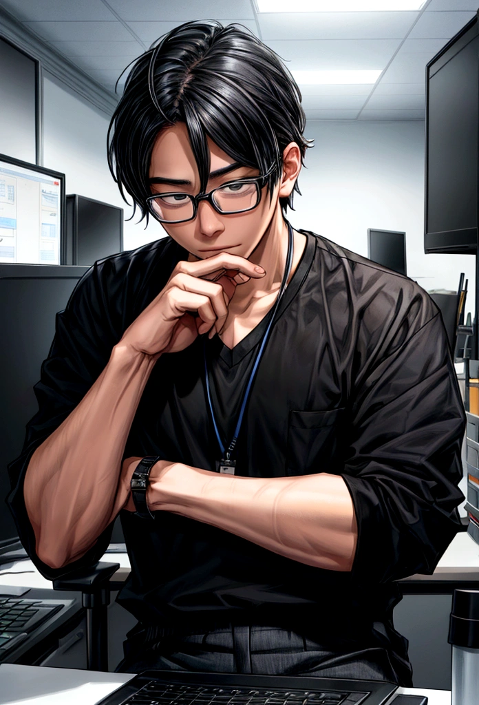 (Highest quality:1.3),(masterpiece:1.3),(figure:1.3),(Super detailed:1.3),(Imide Shot:0.9),, , , male、Black Hair、Wear glasses。He is wearing a black T-shirt with black and white vertical stripes。
Generate an image of him working on a web project.。
構figureは、He sits in front of the computer、I imagine him concentrating on coding and designing.。
Laptop at desk、a notepad、I would like a scene with a coffee cup。
Background、Create a modern office or creative workspace。
The person is dressed casually、Please express how you are working with a serious expression.。