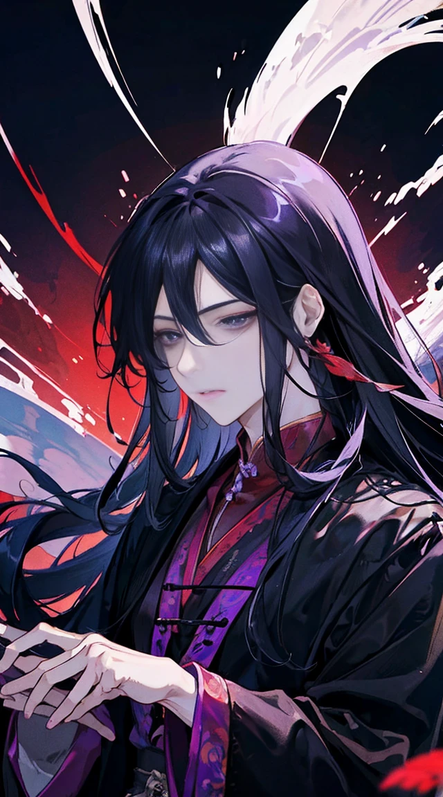 ((Best quality)), ((masterpiece)),((Practical)),(detailed)(whole body照片:1.5),(masterpiece, best quality, illustration), 1 , 1 Adult male,26 years old,Black long hair,Royal sister,enchanting,flirtatious,Male and female,Tall,Man who looks like a woman,emaciated,披散的Black long hair,Flowing long hair,Crazy expression,Scarlet eyes flashing red light,Purple Eyeshadow,Black purple robe (Robe decorated with crow feathers),It's a waist-baring tights inside,宽大的antiquity袍子,The robe is embroidered with a black python , whole body, (Fighting action poses),whole body的图片,whole body 身材匀称,No Expression,Easy,Lazy posture (Magic Effects: 1.3), (Flowing clothing: 1.2),China风,Xian Xia,极其detailed,Highest quality,8K,Highest definition,antiquity,Magic Cultivator,The Grandmaster of Demonic Cultivation,antiquityXian Xia,China,antiquityChina,Robe corset,Martial Arts,Xian Xia,Fantasy style,antiquity玄幻,antiquity长袍