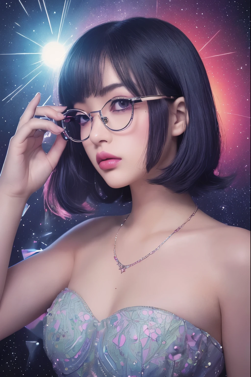 (Detailed lips), (Realistically:1.37), (Vibrant colors), (Studio Lighting), (Sharpen your focus), (High Dynamic Range), (Bokeh), (in contrast), (Kilo:1.2), (elegant), (Elegance), (like々Shii), (Luxury Accessories), (Sparkle Eyes), (Shine), (Calm), (Shine), (dream-like), (dynamic), (素晴らShiiもの), (Sensitive), (Dramatic), (Complex), (eternal), (Beautifully dressed), (Mysterious), (Mysterious), (Mysterious), (Perfect perfection), (interesting), (Individuality), (masterpiece), (High resolution), (The best quality at its best, 4K, 8K), alone, 18 year old girl,Glasses,