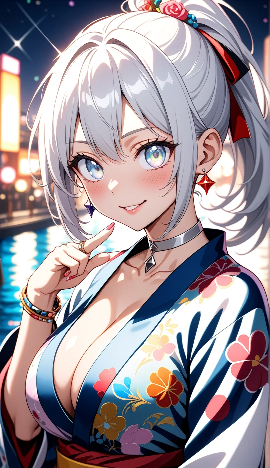 ((One personの女性)), Beautiful Face,((Wink:1.9)), ((laugh)),(head tilt), Laugh with your mouth wide open,((Bright red cheeks:1.4)),Shiny red lips,night,rooftop,You can see the ocean, firework,Laughing with your mouth open,Glossy pink lips,Facial lighting,((Anime style background)),masterpiece, Highest quality, so beautiful,up to date, Complex details, (Pink long nails), (4fingers and 1thumbs), (ring),(bracelet),(choker),AI-generated, Complex,High resolution, Highest quality, super high quality,3D Images、3D Images,One person,Long white hair,High Ponytail,(blue eyes),Anime woman posing for a photo, ((Fine grain、Silvery white colorful eyes、Shining Eyes:1.4)),(Squint your eyes:1.1),a hyperRealistic , hyperRealistic , Realistic,Anime woman with long white hair, Smooth anime CG art, A woman in a colorful kimono with gold embroidery, (Black long sleeve kimono),Red floral pattern,Long flower hair ornament,Earrings,Mature Body,(Big Breasts:1.1),Tall,Abdominal muscles,Narrow waist,(Zoom up to face:1.7),Shooting from diagonally below