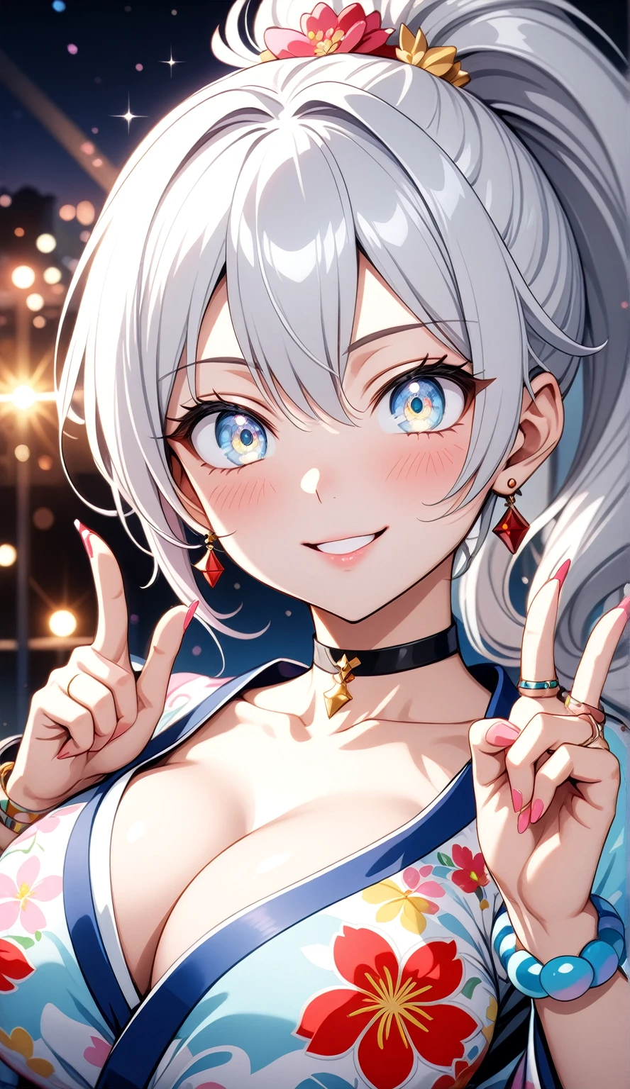 ((One personの女性)), Beautiful Face,((Wink:1.9)), ((laugh)),(head tilt), Laugh with your mouth wide open,((Bright red cheeks:1.4)),Shiny red lips,night,rooftop,You can see the ocean, firework,Laughing with your mouth open,Glossy pink lips,Facial lighting,((Anime style background)),masterpiece, Highest quality, so beautiful,up to date, Complex details, (Pink long nails), (4fingers and 1thumbs), (ring),(bracelet),(choker),AI-generated, Complex,High resolution, Highest quality, super high quality,3D Images、3D Images,One person,Long white hair,High Ponytail,(blue eyes),Anime woman posing for a photo, ((Fine grain、Silvery white colorful eyes、Shining Eyes:1.4)),(Squint your eyes:1.1),a hyperRealistic , hyperRealistic , Realistic,Anime woman with long white hair, Smooth anime CG art, A woman in a colorful kimono with gold embroidery, (Black long sleeve kimono),Red floral pattern,Long flower hair ornament,Earrings,Mature Body,(Big Breasts:1.1),Tall,Abdominal muscles,Narrow waist,(Zoom up to face:1.7),Shooting from diagonally below