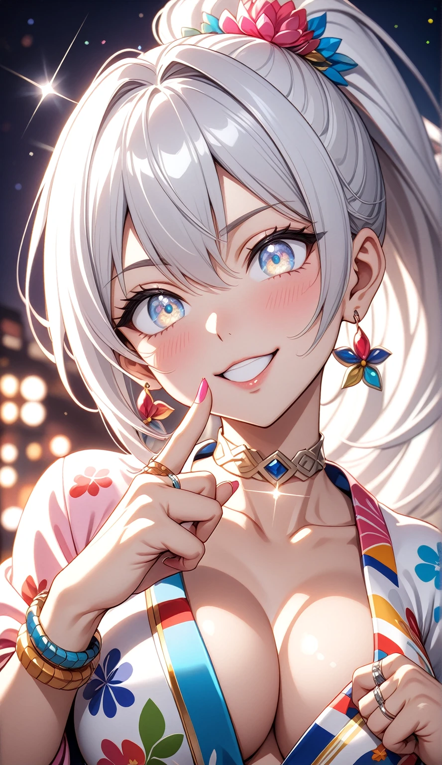 ((One personの女性)), Beautiful Face,((Wink:1.9)), ((laugh)),(head tilt), Laugh with your mouth wide open,((Bright red cheeks:1.4)),Shiny red lips,night,rooftop,You can see the ocean, firework,Laughing with your mouth open,Glossy pink lips,Facial lighting,((Anime style background)),masterpiece, Highest quality, so beautiful,up to date, Complex details, (Pink long nails), (4fingers and 1thumbs), (ring),(bracelet),(choker),AI-generated, Complex,High resolution, Highest quality, super high quality,3D Images、3D Images,One person,Long white hair,High Ponytail,(blue eyes),Anime woman posing for a photo, ((Fine grain、Silvery white colorful eyes、Shining Eyes:1.4)),(Squint your eyes:1.1),a hyperRealistic , hyperRealistic , Realistic,Anime woman with long white hair, Smooth anime CG art, A woman in a colorful kimono with gold embroidery, (Black long sleeve kimono),Red floral pattern,Long flower hair ornament,Earrings,Mature Body,(Big Breasts:1.1),Tall,Abdominal muscles,Narrow waist,(Zoom up to face:1.7),Shooting from diagonally below