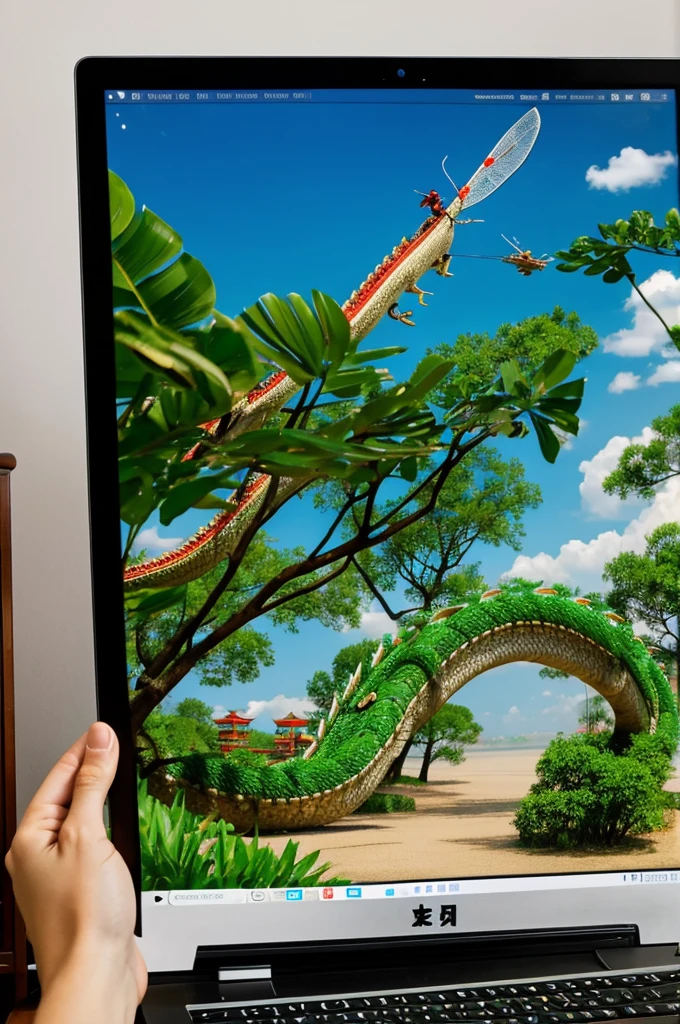 A Chinese dragon fly out from a computer screen