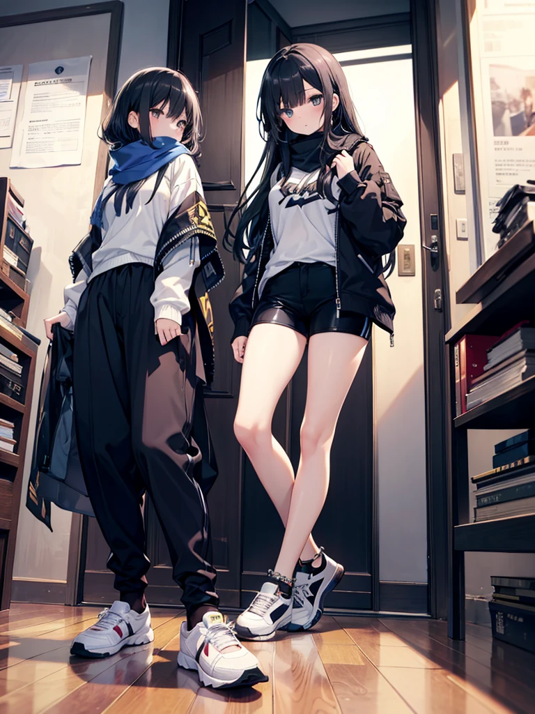 1girl,,legwear,,anklet,black hair,straight_hair,hime cut,long hair,sneakers,huge filesize,scarf，Black pants