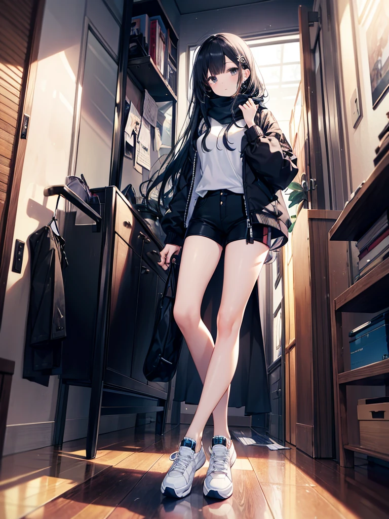 1girl,,legwear,,anklet,black hair,straight_hair,hime cut,long hair,sneakers,huge filesize,scarf,Black pants