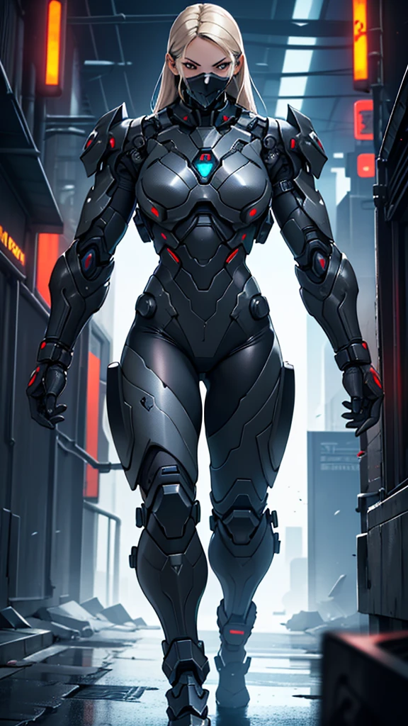 Female cybernetic battlesuit detailed muscles realistic masterpieces full figure pose (best quality,ultra-detailed), skullfaced, fit body, slim figure, narrow waist, large buttocks, wearing a full black carbon fiber cybernetic mobile battle suit, fighting pose
