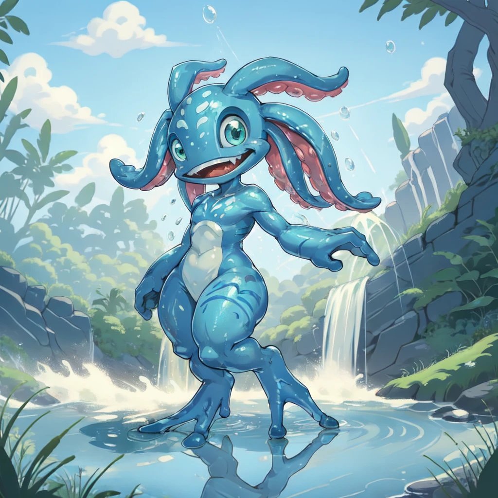 ((masterpiece, best quality)),
(amphibian:0.5), fizz_lol, (huge webbed feet:1.15),( tentacle_hair:1.1), sole,shiny skin, oil skin, standing,nude,(thick thighs:1.15), (chubby:0.5), (plump:0.5),cute,aged down, toes ,fangs,
, flat feet, waterfall, rain,
