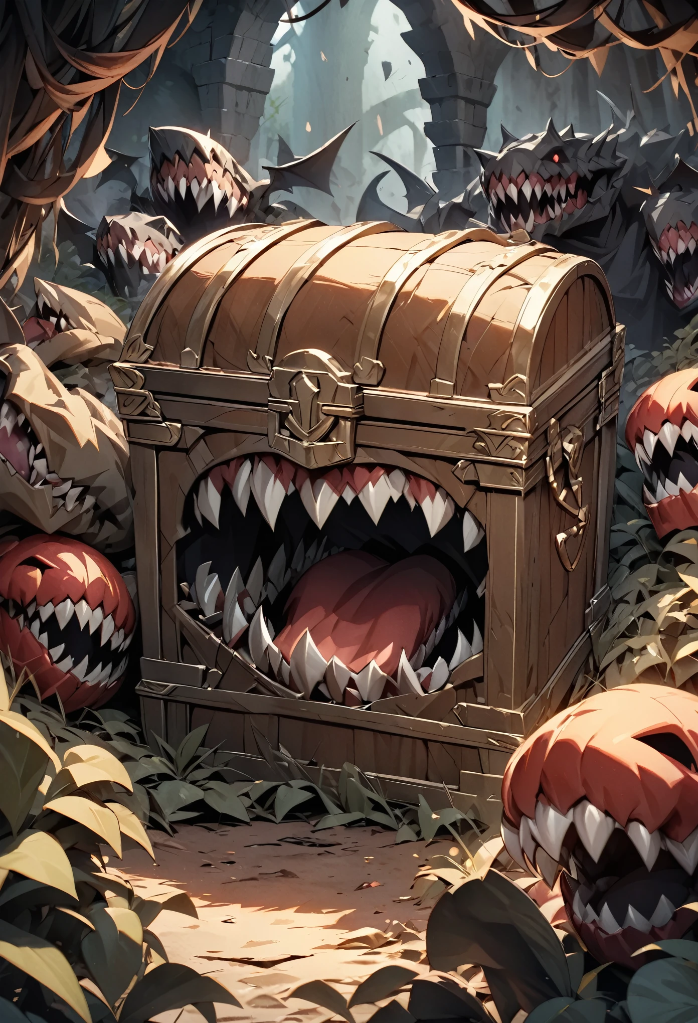 Transform into a treasure chest, mimic, Sharp Fangs, Attack with open mouth, Disguised as a treasure chest, Lurking deep in the dark dungeon, Dark color palette, High resolution, high resolution, High Detail, masterpiece:1.2,