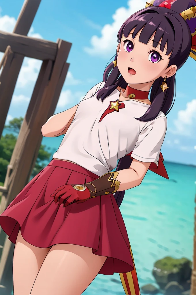 (masterpiece), (best quality), (ultra-detailed), shizuka,hot,full body,sexy legs,intricate detail, detailed beautiful face and eyes,1girl, solo, purple eyes, purple hair, long dark blue hair, white earrings, red hairband, star hair ornament,fingerless gloves, gloves,pantyhose, jewelry, pleated_skirt,red skirt, short sleeves, Blunt Bangs,shizuka,hot,sea background