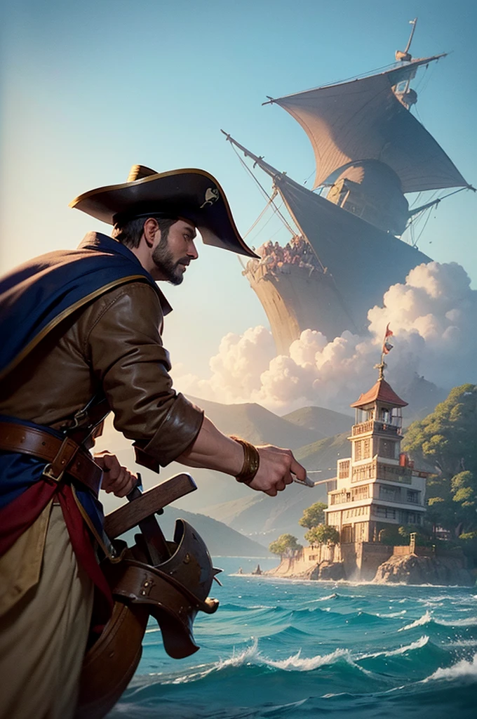 Illustration for the book Treasure Island. So that the pirates are visible, a caravel, an island against the backdrop of the sea.