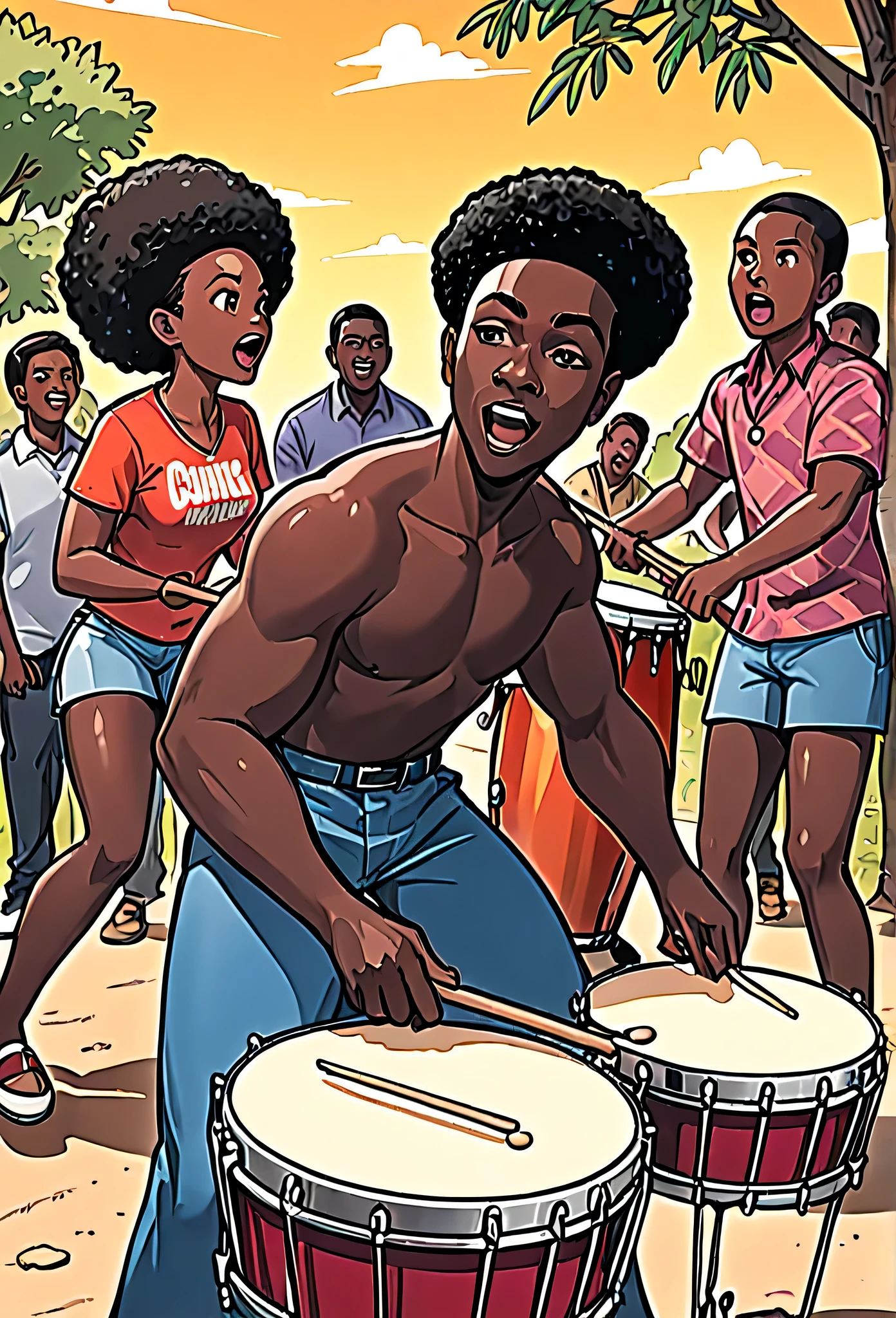 Comic where black people and drumming. Outdoor
