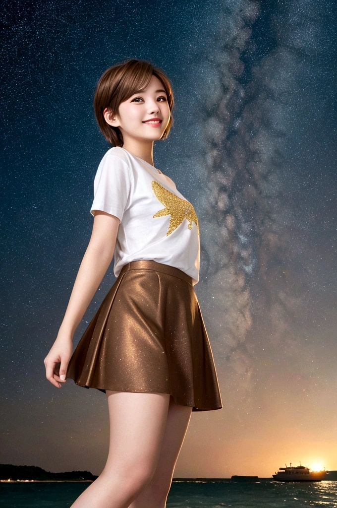 1woman, idol, short hair, brown hair, starry sky, sea, 20 years old, angle from below, smile, short t-shirt, short skirt