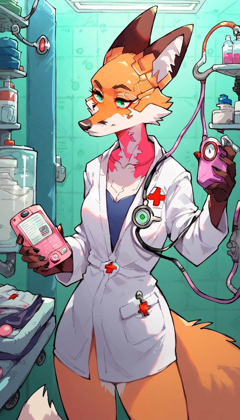 score_9, score_8_up, score_7_up, (cyberpunk city, Hospital, operations room, medicines on background:1.5),
((Fox:1.2), anthro, solo, female, (portrait, standing), (holdingtablet), ((wearing medical robe, doctor, doctor's robe), (wearing stethoscope, phonendoscope)), ((fox fur)), beautiful, (have cyberpunk-style additions)