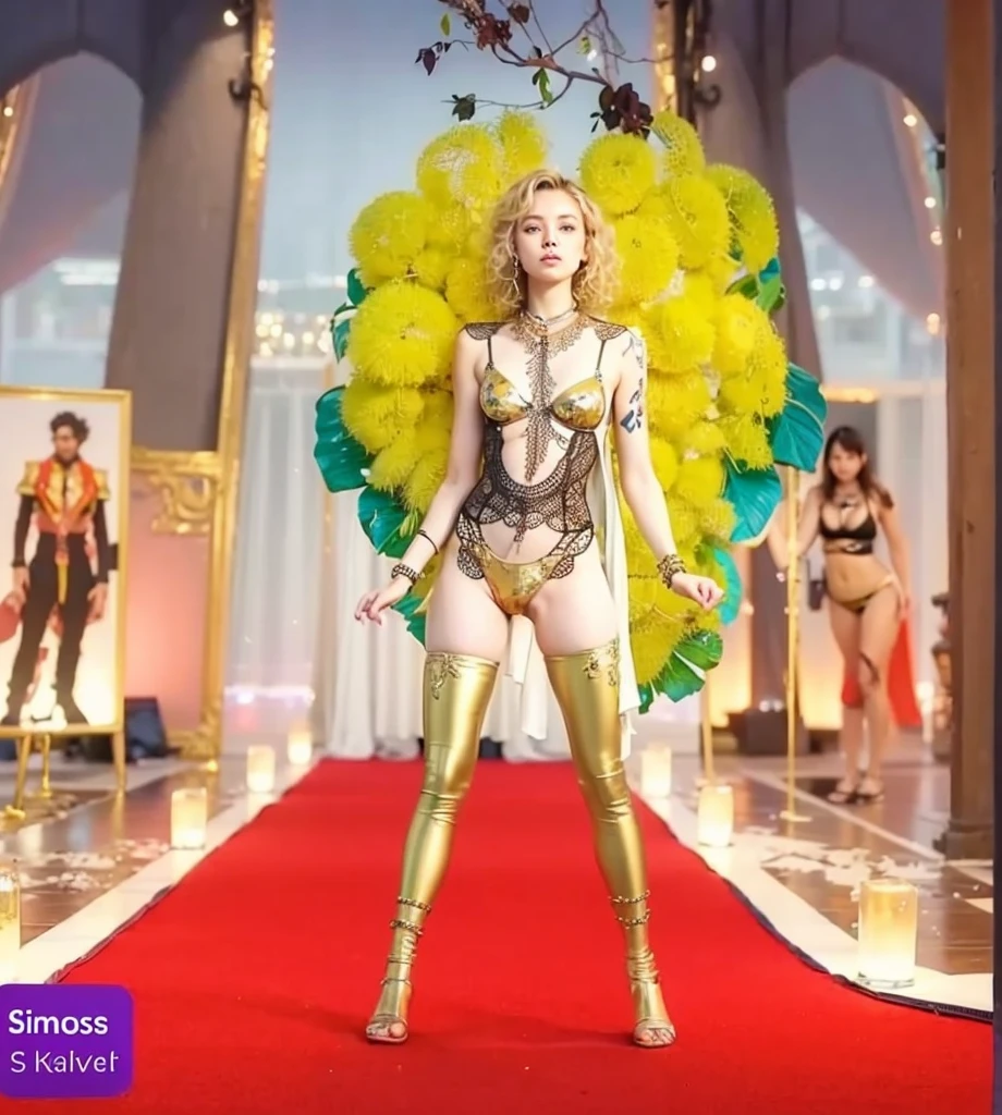 Cute 18 year old girl, Carnival Bikini Woman suit, short curly hair, blonde hair, beautiful face, rain, roof, masterpiece, exquisite details, perfect anatomy, fighting stance Realistic