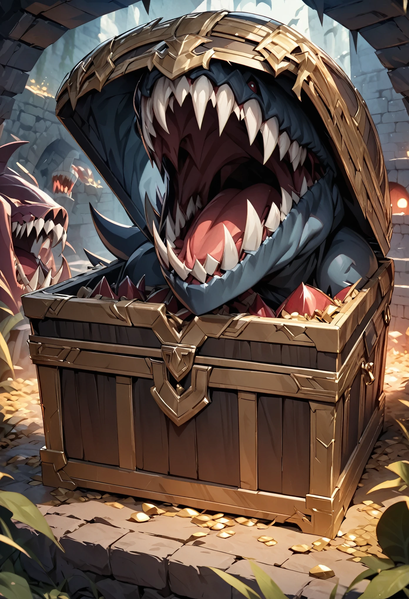 Transform into a treasure chest, mimic, Sharp Fangs, Attack with open mouth, Disguised as a treasure chest, Lurking deep in the dark dungeon, Dark color palette, High resolution, high resolution, High Detail, masterpiece:1.2,