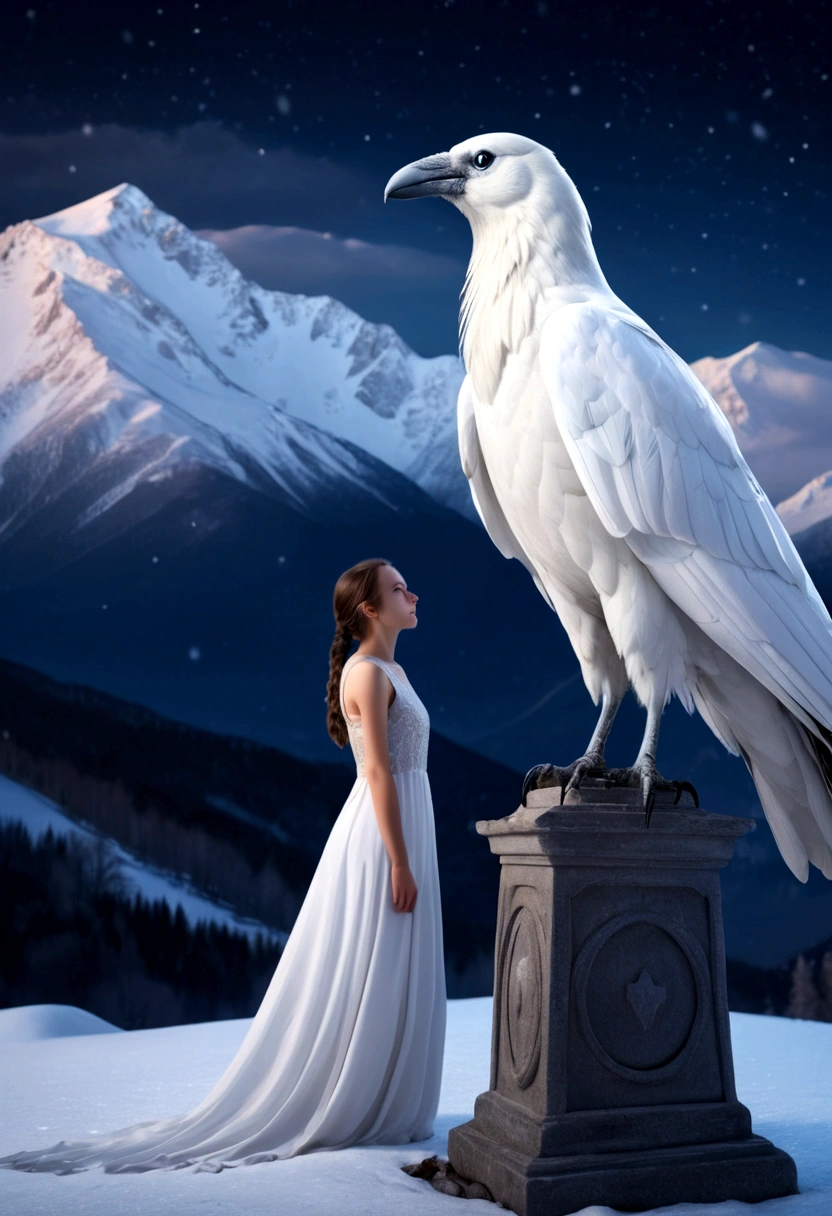 A giant white crow, and in front of her stands a girl in a white dress, against the backdrop of snowy mountains, night