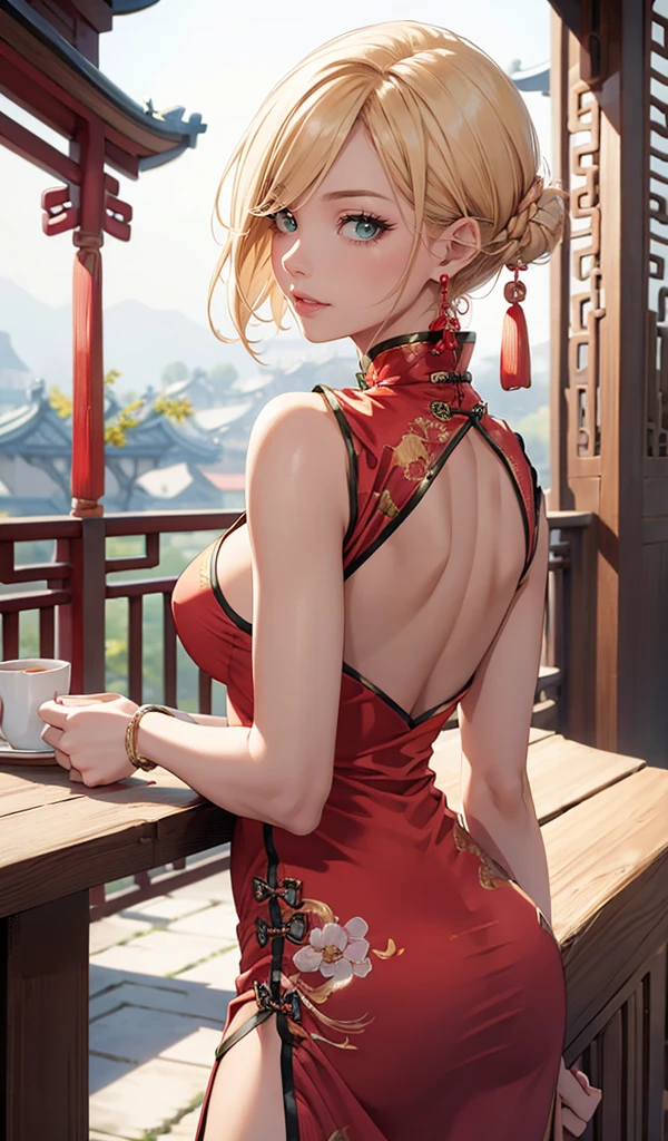 Please follow all prompts below exactly and faithfully. This is a breathtaking masterpiece of digital illustration, with maximum resolution, UHD, 512K, 2160p, 10 million ppi, 300 million dpi, natural color tones, ultra sharp details, perfect outlines with contrast, **most realistic skin and hair textures**, most beautiful detailed eye features, perfect anatomically correct human body, beautiful background with depth, rule of thirds, depth of field, Maximize all element is used to its full potential to create the best digital illustrations, looking back, from behind, 1woman, sexy:1.5, beautiful face sharp, elegant woman, perfect body style, slender, beautiful big breasts, green eyes, blonde hair, hair over one eye, short hair, glossy very thick lips:0.7, pink lipstick:0.7, smile, (Chinese clothes:1.5), ultra miniskirt:1.3, neckless:1.5, earring, bracelet, (open cafe:1.5),