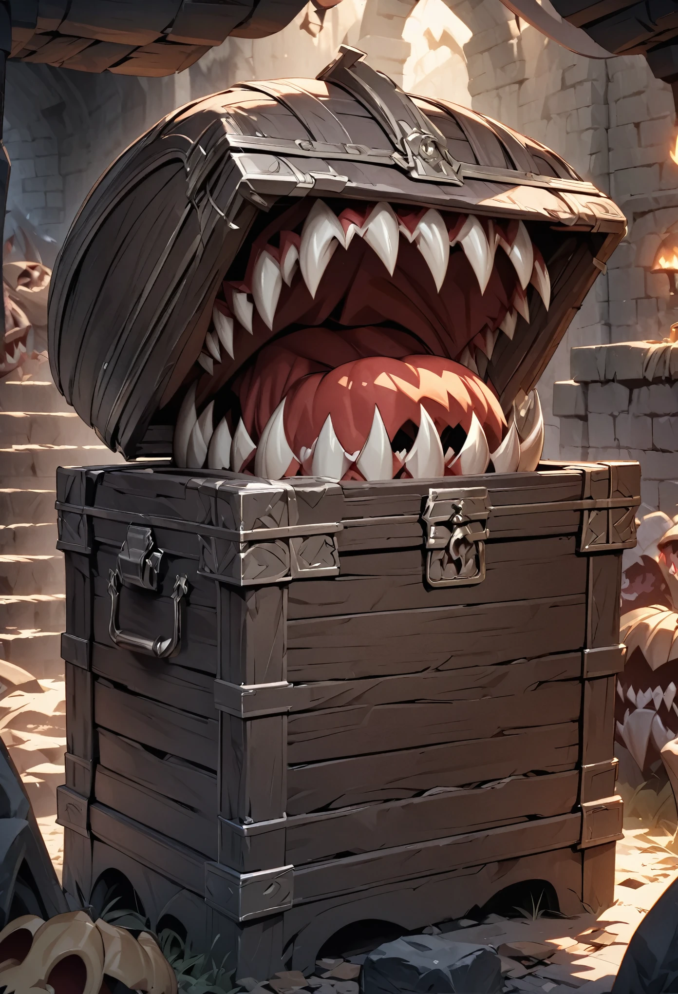 Transform into a treasure chest, mimic, Sharp Fangs, Attack with open mouth, Disguised as a treasure chest, Lurking deep in the dark dungeon, Dark color palette, High resolution, high resolution, High Detail, masterpiece:1.2,