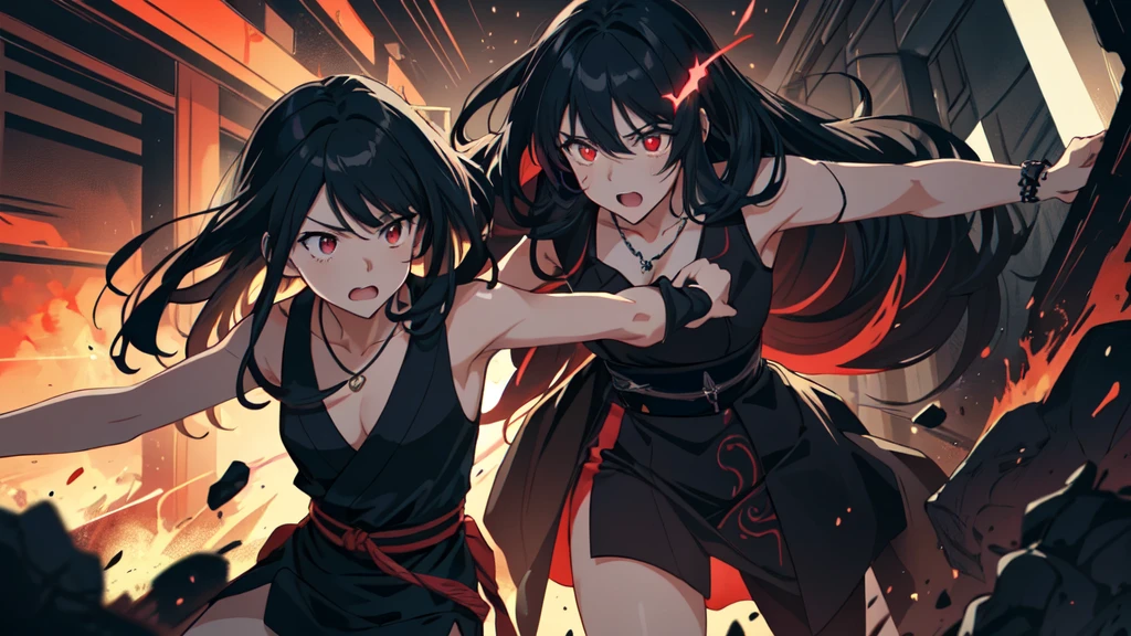 colorful flat illustration classical animes, Fierce anime girl with long black hair, her body glowing red and glowing red eyes wearing a all black sleeveless mini dress and necklace, engaged in an intense battle against monsters. She releases a burst of energy, pushing the monster away from the boy. within the devastated interior of a modern shopping mall store at night. The dynamic, action-filled scene is rendered in a colorful, flat illustration style inspired by Japanese artists, featuring blood and bold black outlines., draw art style influenced by japanese artists, niji, black outlines ultra-detailed, 8k, dramatic lighting, cinematic, highly detailed face, elegant, intricate details, vibrant colors, dramatic shadows, hyper-realistic, masterpiece,