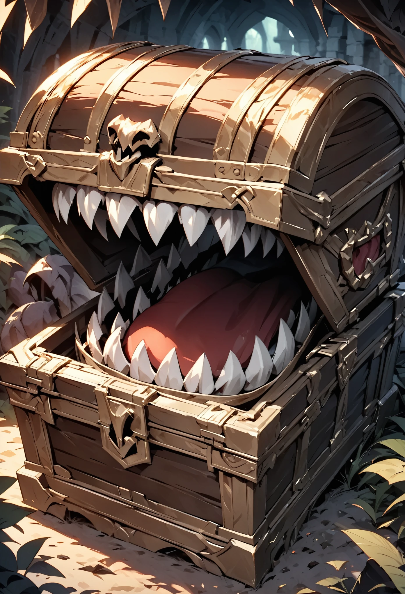 Transform into a treasure chest, mimic, Sharp Fangs, Attack with open mouth, Disguised as a treasure chest, Lurking deep in the dark dungeon, Dark color palette, High resolution, high resolution, High Detail, masterpiece:1.2,