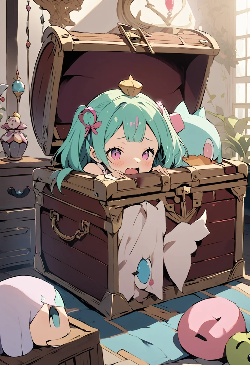 masterpiece, Highest quality, Illustration of the novel, High resolution, 18+ Adult content, Sensual, Intimate, Emotional, Passionate, romantic, sweet, Adorable, Innocent, Pure, Charmな, Charmな, Charm, mysterious, Charmな, Charmな, Immersive, Charmな, dream-like, Surreal, Imaginative, Whimsical, Artistic, Avant-garde, timeless, elegant, Sophisticated, chic, Sophisticated, personality, original, ((Cute Loli Mimic Chest:1.3))