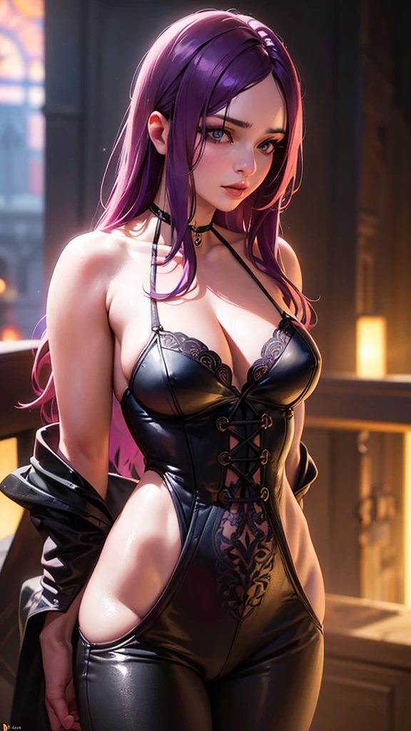 1 young-adult woman, long purple hair, hazel eyes, small breast, unrevealing clothes, fantasy, medieval, beautiful detailed eyes, beautiful detailed lips, extremely detailed face and hair, digital painting, cinematic lighting, vibrant colors, dramatic atmosphere, photorealistic,(best quality,4k,8k,highres,masterpiece:1.2),ultra-detailed,(realistic,photorealistic,photo-realistic:1.37),HDR,UHD,studio lighting,ultra-fine painting,sharp focus,physically-based rendering,extreme detail description,professional,vivid colors,bokeh,portrait