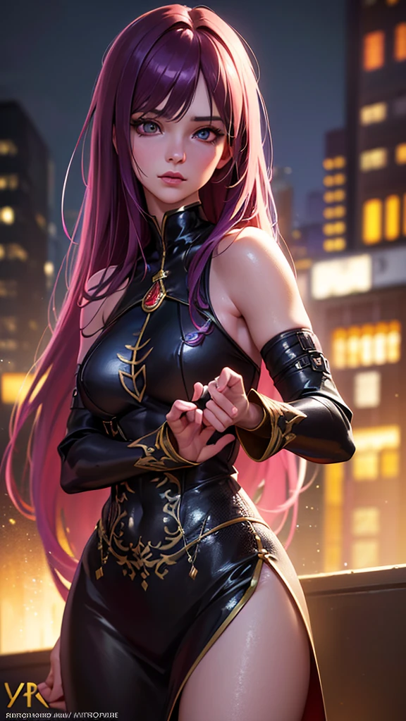 1 young-adult woman, long purple hair, hazel eyes, small breast, unrevealing clothes, fantasy, medieval, beautiful detailed eyes, beautiful detailed lips, extremely detailed face and hair, digital painting, cinematic lighting, vibrant colors, dramatic atmosphere, photorealistic,(best quality,4k,8k,highres,masterpiece:1.2),ultra-detailed,(realistic,photorealistic,photo-realistic:1.37),HDR,UHD,studio lighting,ultra-fine painting,sharp focus,physically-based rendering,extreme detail description,professional,vivid colors,bokeh,portrait