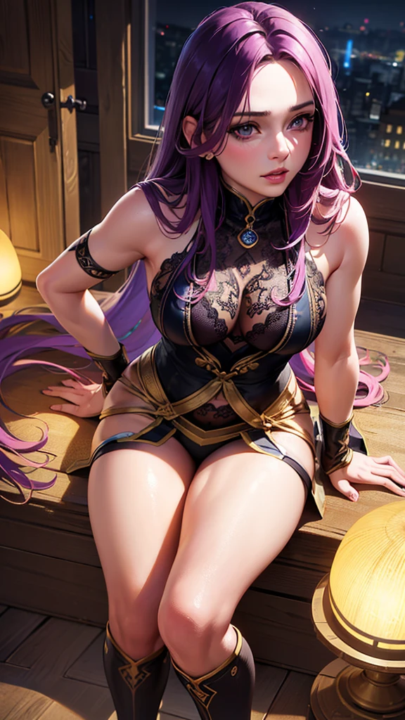 1 young-adult woman, long purple hair, hazel eyes, small breast, unrevealing clothes, fantasy, medieval, beautiful detailed eyes, beautiful detailed lips, extremely detailed face and hair, digital painting, cinematic lighting, vibrant colors, dramatic atmosphere, photorealistic,(best quality,4k,8k,highres,masterpiece:1.2),ultra-detailed,(realistic,photorealistic,photo-realistic:1.37),HDR,UHD,studio lighting,ultra-fine painting,sharp focus,physically-based rendering,extreme detail description,professional,vivid colors,bokeh,portrait