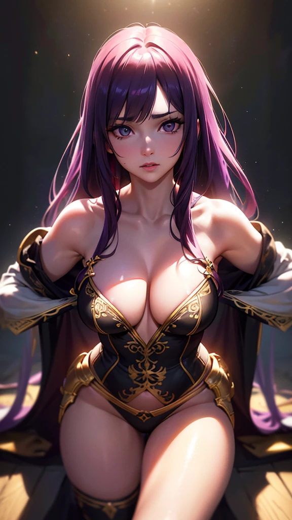 1 young-adult woman, long purple hair, hazel eyes, small breast, unrevealing clothes, fantasy, medieval, beautiful detailed eyes, beautiful detailed lips, extremely detailed face and hair, digital painting, cinematic lighting, vibrant colors, dramatic atmosphere, photorealistic,(best quality,4k,8k,highres,masterpiece:1.2),ultra-detailed,(realistic,photorealistic,photo-realistic:1.37),HDR,UHD,studio lighting,ultra-fine painting,sharp focus,physically-based rendering,extreme detail description,professional,vivid colors,bokeh,portrait