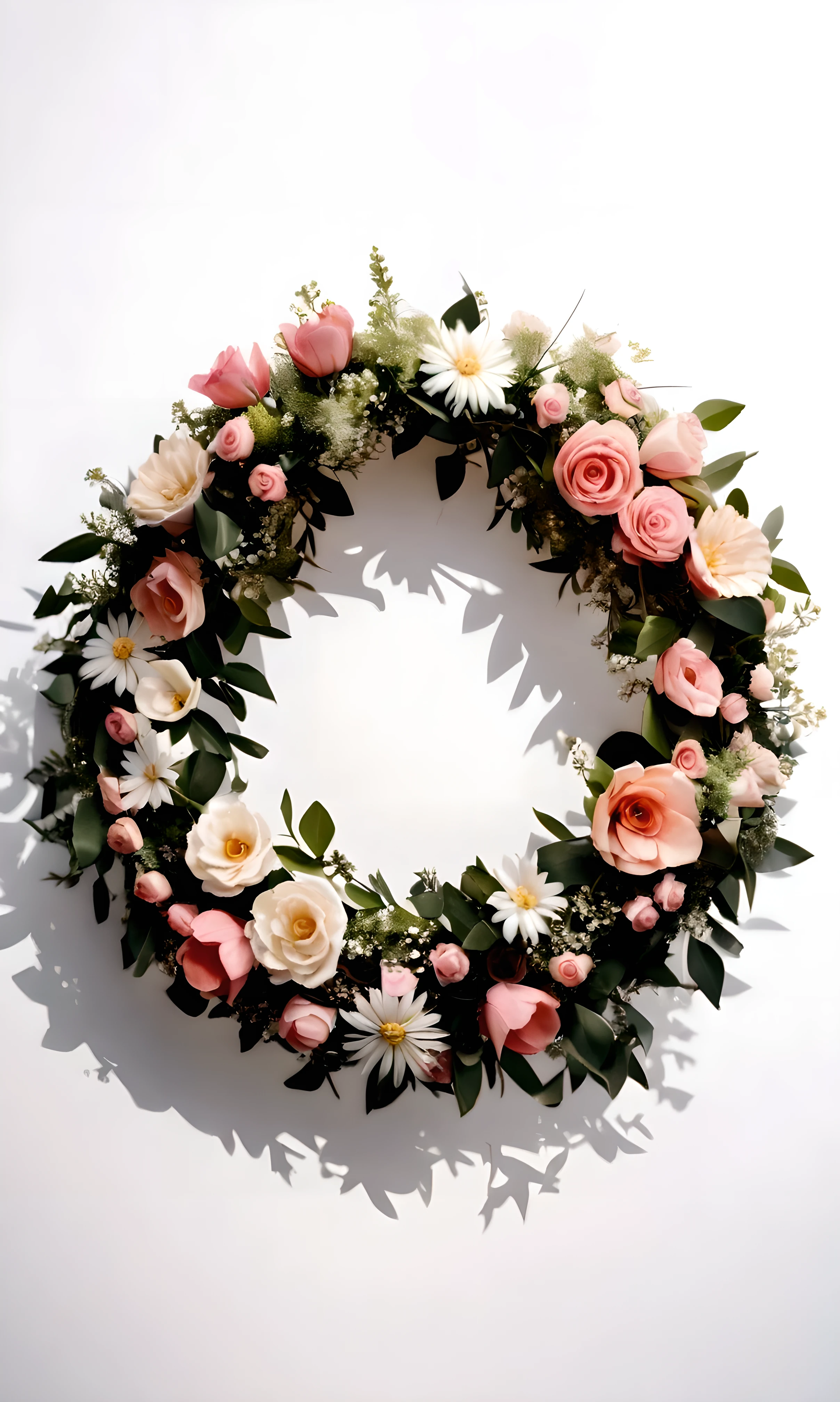 White background,a wreath, Made of flowers, Perfect minimalist composition, , elegant composition, Beautiful composition 3-d 4k, Background still life photo