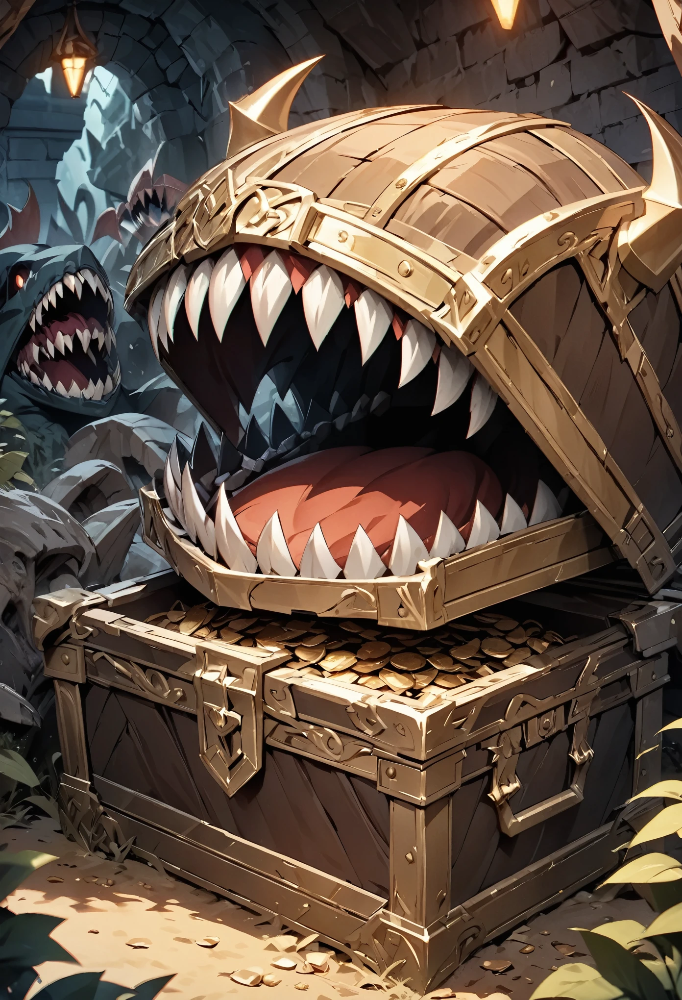 Transform into a treasure chest, mimic, Sharp Fangs, Attack with open mouth, Disguised as a treasure chest, Lurking deep in the dark dungeon, Dark color palette, High resolution, high resolution, High Detail, masterpiece:1.2,