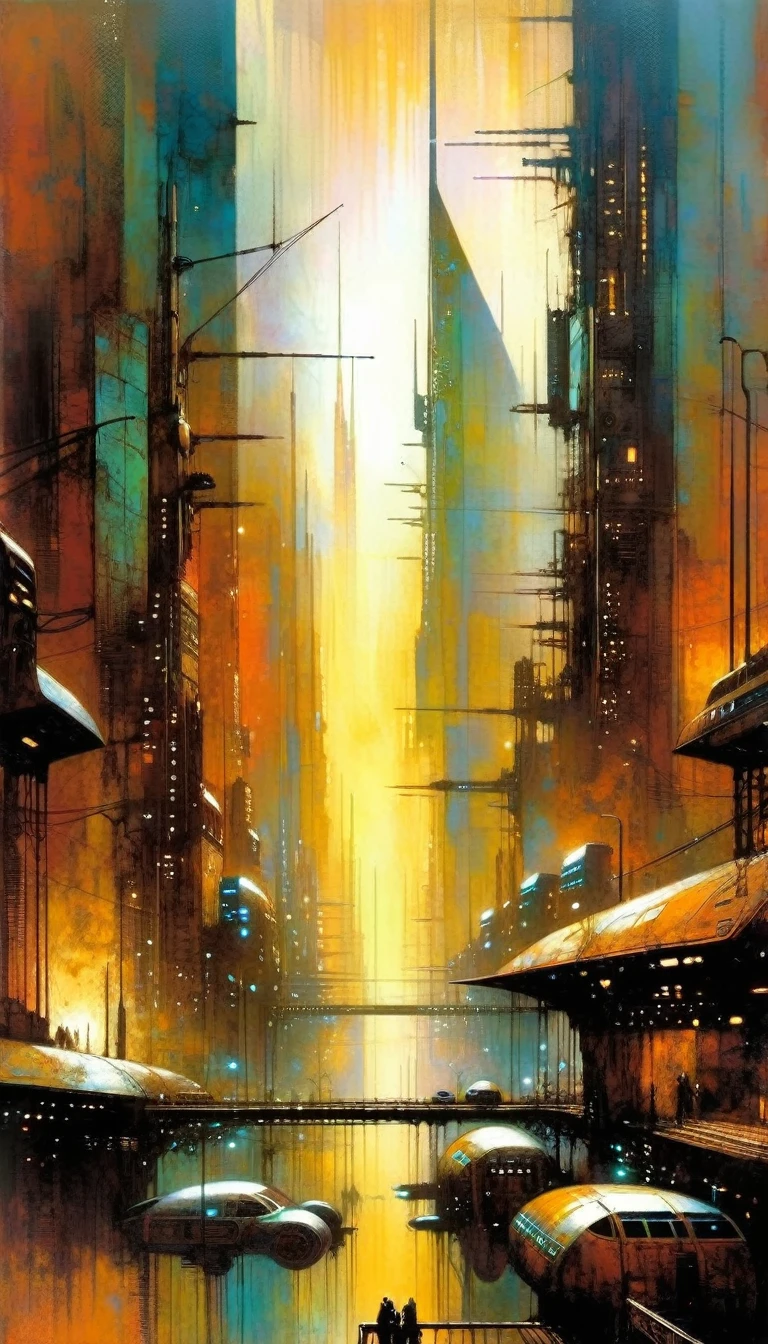 futuristic city.1.5, rusty metal city, lots of details(Bill Sienkiewicz inspired art, intricate details, oil painting)