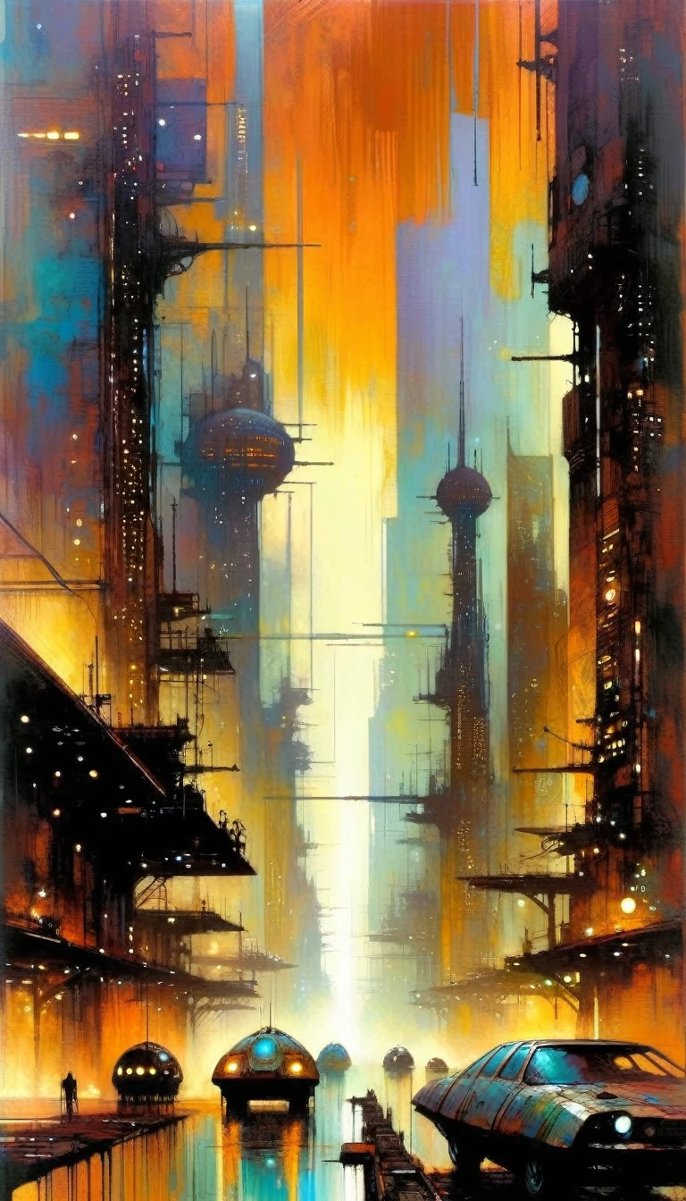 futuristic city.1.5, rusty metal city, lots of details(Bill Sienkiewicz inspired art, intricate details, oil painting)