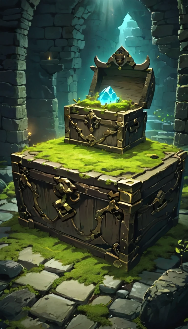 Highest quality、masterpiece、Highly detailed CG unit wallpaper、High resolution、RAW Photos、Very detailed、BREAK、dungeon of darkness、light moss、Blue glowing moss、The only light source is luminescent moss、Stone Dungeon、Wide promenade、BREAK、Treasure chest at the dead end、The treasure chest is a Mimic、Glowing Mimic、Mimic holding up a welcomeboard、