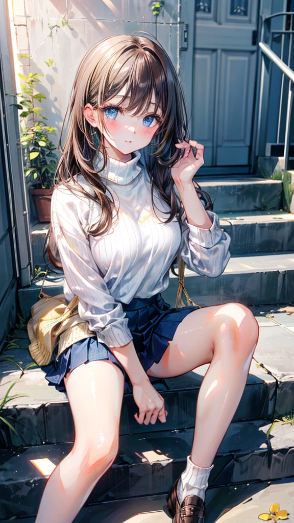 ((((highest quality)))), (((Ultra-precision CG 16K))), (((masterpiece))), (((Very detailed))), (((Extremely detailed))), (((Black outline:1.3, Written boundary depth:1.3 , Written soft outline))), Blur, Bokeh, Maximum clarity and sharpness,Multilayer Texture, Surface Shading, Cinematic lighting, Beautiful details sparkle ,Perfect Proportions, Limited to three woman, BREAK accurate, Anatomically correct, Highly detailed face and skin texture, drawn in detail, Highly detailed facial and skin texture, Detailed eyes, beautiful hair, Beautiful Japanese Idol face, Beautiful and beautiful eyes, Beautiful body, Beautiful breasts, Beautiful thighs, Beautiful legs, Beautiful fingers, (Beautiful views) , skinny body, ((Beautiful Skin)), ((Skin Texture)) BREAK breast enlarged, huge Breasts, rocket breasts, (((perky breasts))), (covered nipples) ,slender waist, (blush, determined expression, Heavy breathing,) BREAK (((no-bra, oversized stripes t-shirt, sportswear, low rise, mini-skirt with slits, no-sleeve, breast is covered by outfit))) , wearing earrings, BREAK ( stick breast out),((( a woman standing on steps of the school:1.3, stretching out, from front , from below, looking at viewer, close up breasts,))),