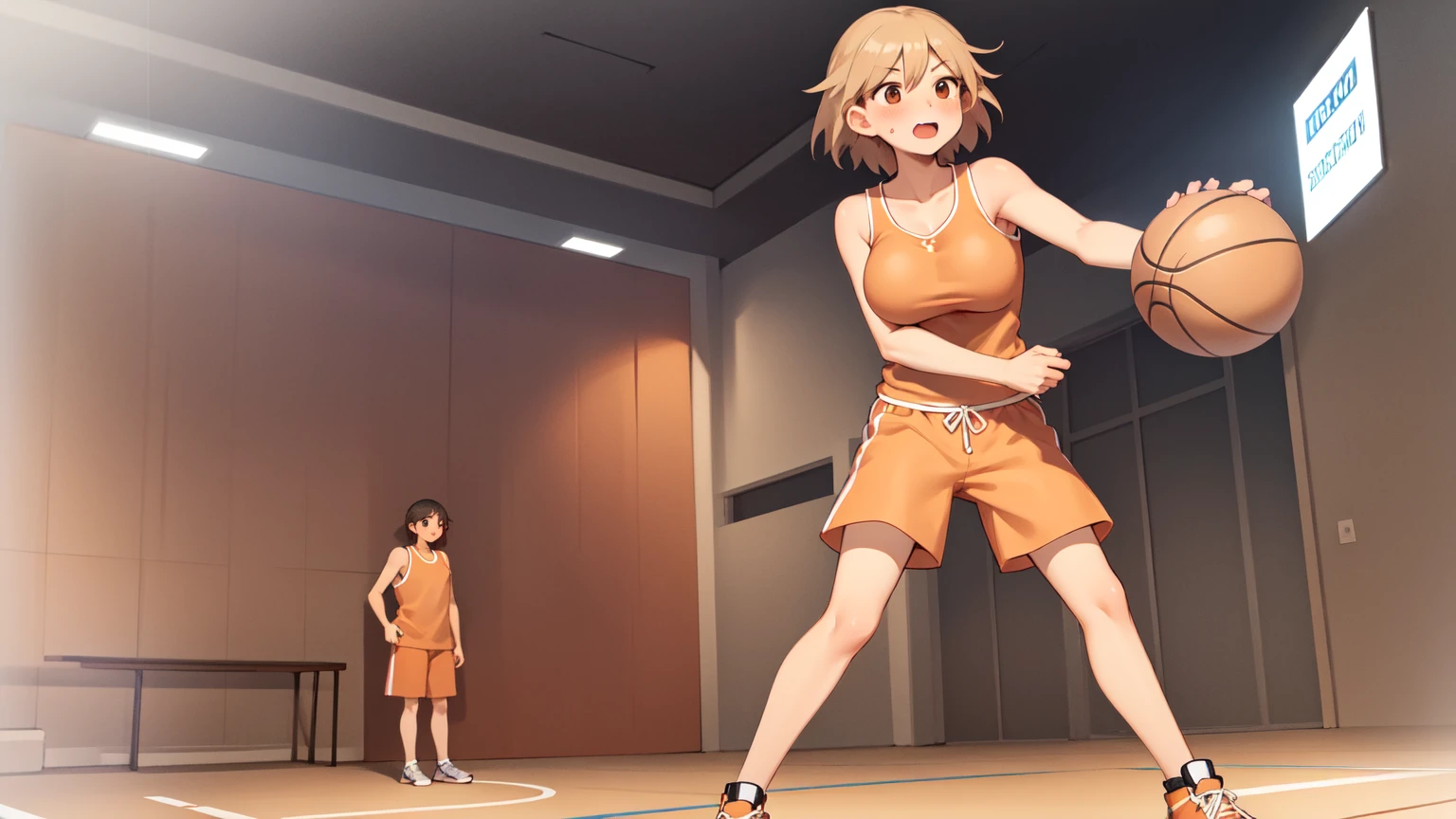 tanned, tan skin, At, orange tank top, orange shorts blush Super huge big breasts breast enlargement Standing alone on the basketball court full-body shot perfect illustration, ultra-detailed, HDR, vibrant colors, soft lighting
