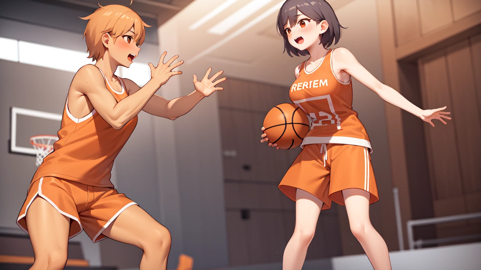 tanned, tan skin, At, orange tank top, orange shorts blush Super huge big breasts breast enlargement Standing alone on the basketball court full-body shot perfect illustration, ultra-detailed, HDR, vibrant colors, soft lighting
