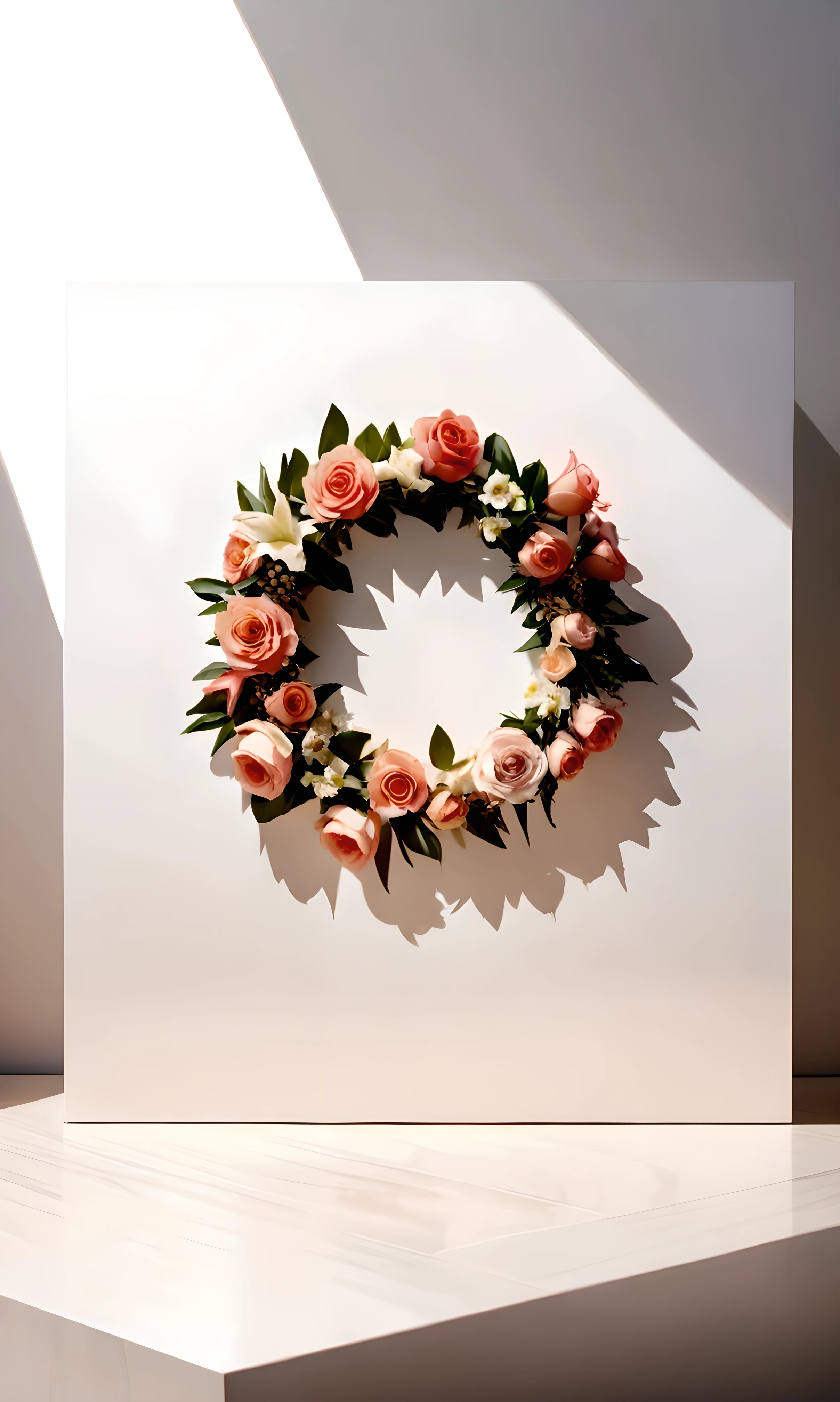 White background,a wreath, Made of flowers, Perfect minimalist composition, , elegant composition, Beautiful composition 3-d 4k, Background still life photo
