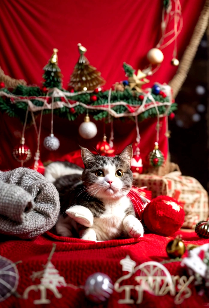 Three-haired cat,Christmas Costumes,Holiday Theme,present,Bokeh Light,Red background,Festive decorations,Polite expression,indoor,Fabric texture,close,blurRed background,High-resolution images,Warm colors,Lying down,portrait of animal,