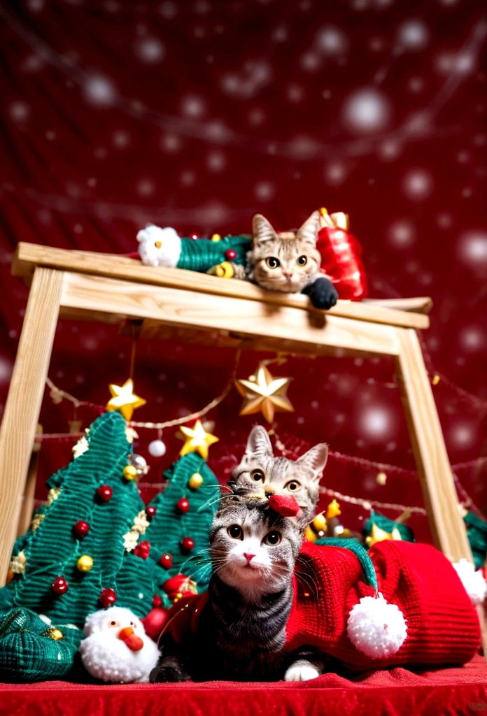 Three-haired cat,Christmas Costumes,Holiday Theme,present,Bokeh Light,Red background,Festive decorations,Polite expression,indoor,Fabric texture,close,blurRed background,High-resolution images,Warm colors,Lying down,portrait of animal,