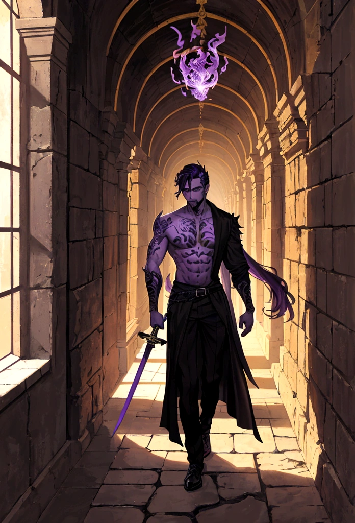 The corridor of ancient ruins, a man in black costume without sleeves, carrying a sword on his back, a tattoo of a phoenix on his shoulder, and activating purple magic with his left hand.