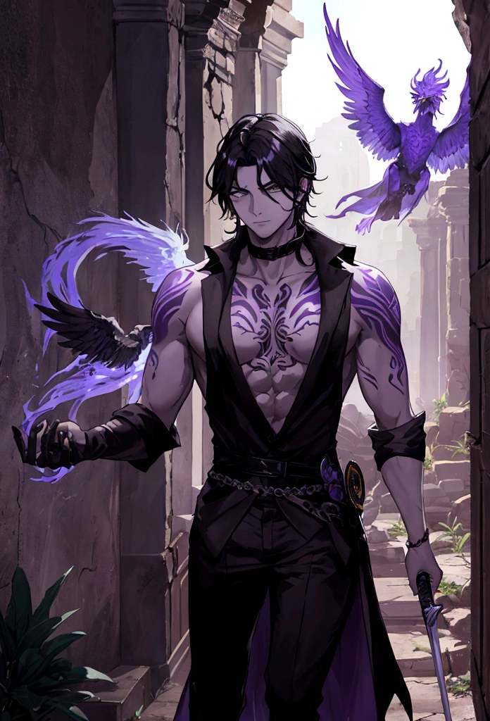 The corridor of ancient ruins, a man in black costume without sleeves, carrying a sword on his back, a tattoo of a phoenix on his shoulder, and activating purple magic with his left hand.