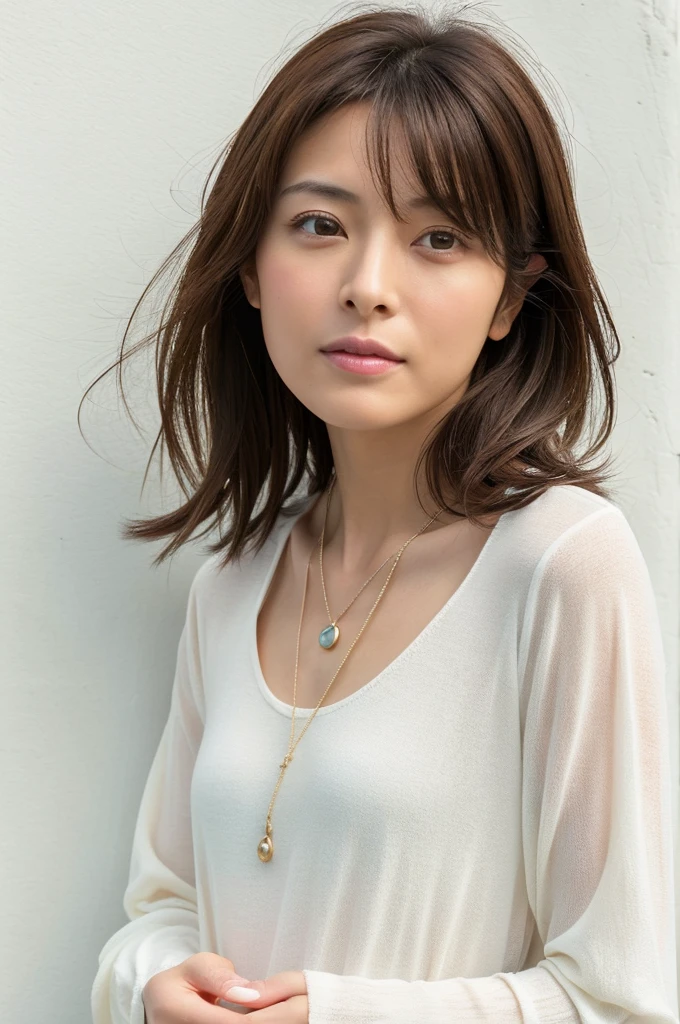(Highly realistic photos, High resolution, Detailed face, Beautiful Eyes), ((Photographed in front of a white wall))、Japanese women, 40 years old, various expressions, alone:1, Slim figure, Various Hair Styles, Casual clothing, Only one person in the photo、Long sleeve dress、Photographed in natural light、Simple Necklace、Spring Clothes、Don'Don't look at the camera、profile、Dark brown hair color、Bob Hair、Hands are not visible