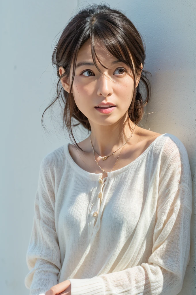 (Highly realistic photos, High resolution, Detailed face, Beautiful Eyes), ((Photographed in front of a white wall))、Japanese women, 40 years old, various expressions, alone:1, Slim figure, Various Hair Styles, Casual clothing, Only one person in the photo、Long sleeve dress、Photographed in natural light、Simple Necklace、Spring Clothes、Don'Don't look at the camera、profile、Dark brown hair color、Bob Hair、Hands are not visible