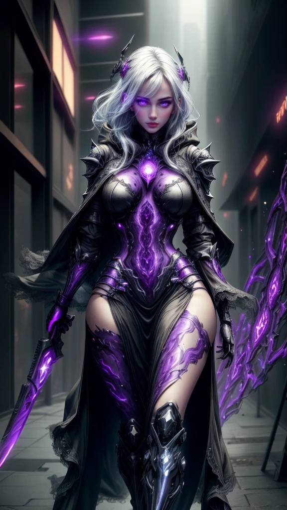 a dark fantasy cyberpunk android woman, 1 girl, highly detailed, hyper realistic, masterpiece, 8k, photorealistic, beautiful detailed eyes, beautiful detailed lips, extremely detailed face, long eyelashes, long white hair, shawl, black coat, glowing purple eyes, expressionless, mecha long skirt, holding a weapon, beautiful necromancer, dark cloaked necromancer, beautiful death, dark witch character, (black purple:1.1), studio lighting, professional, vivid colors, physically-based rendering, extreme detail description