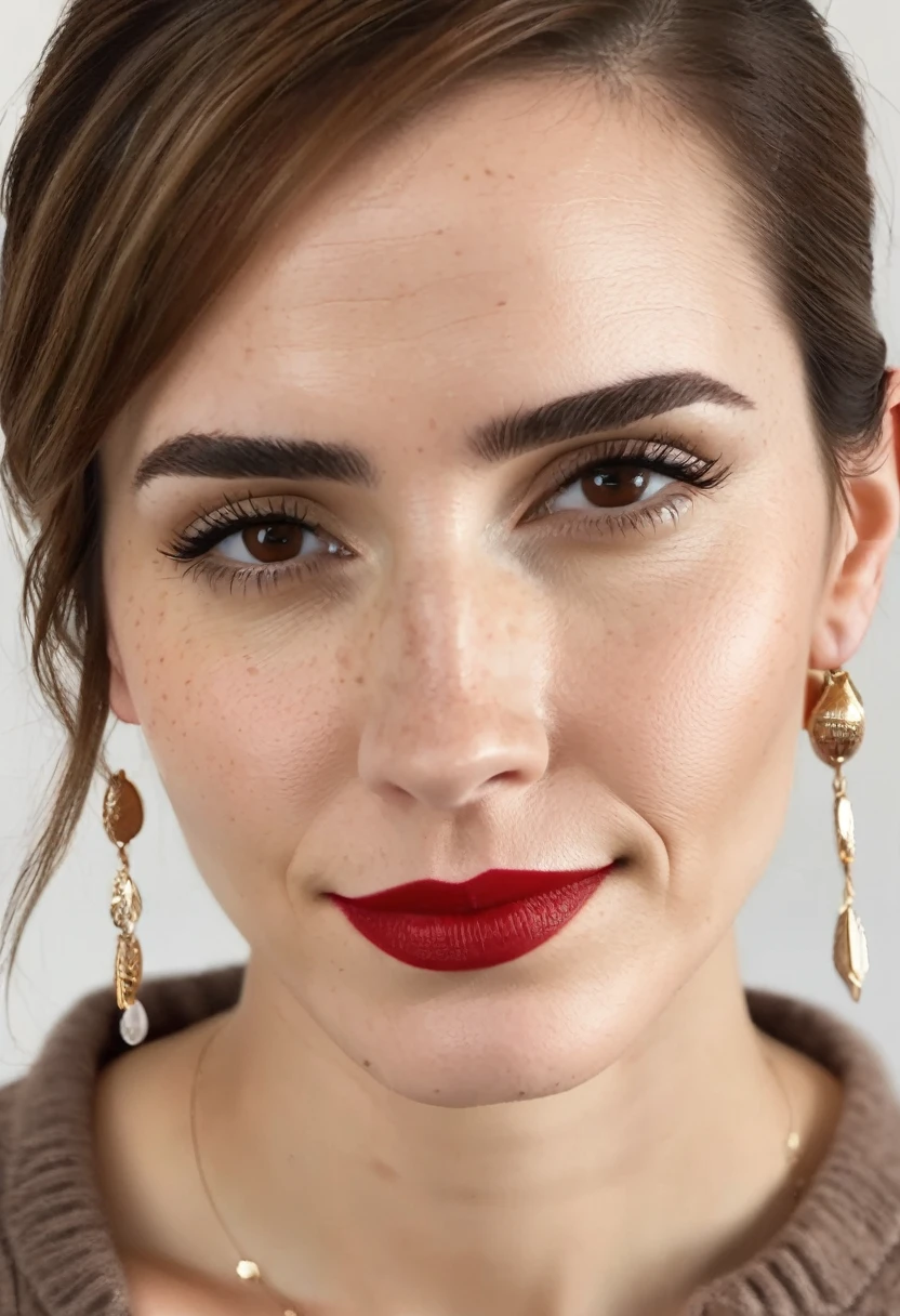 Realistic photo of a beautiful emxwtsn woman, 1girl, solo, looking at viewer, smile, short hair, simple background, brown hair, white background, brown eyes, jewelry, earrings, makeup, lipstick, portrait, realistic, red lips, soft lighting, professional Photography, Photorealistic, detailed, RAW, analog, sharp focus, 8k, HD, DSLR, high quality, Fujifilm XT3, film grain, award winning, masterpiece