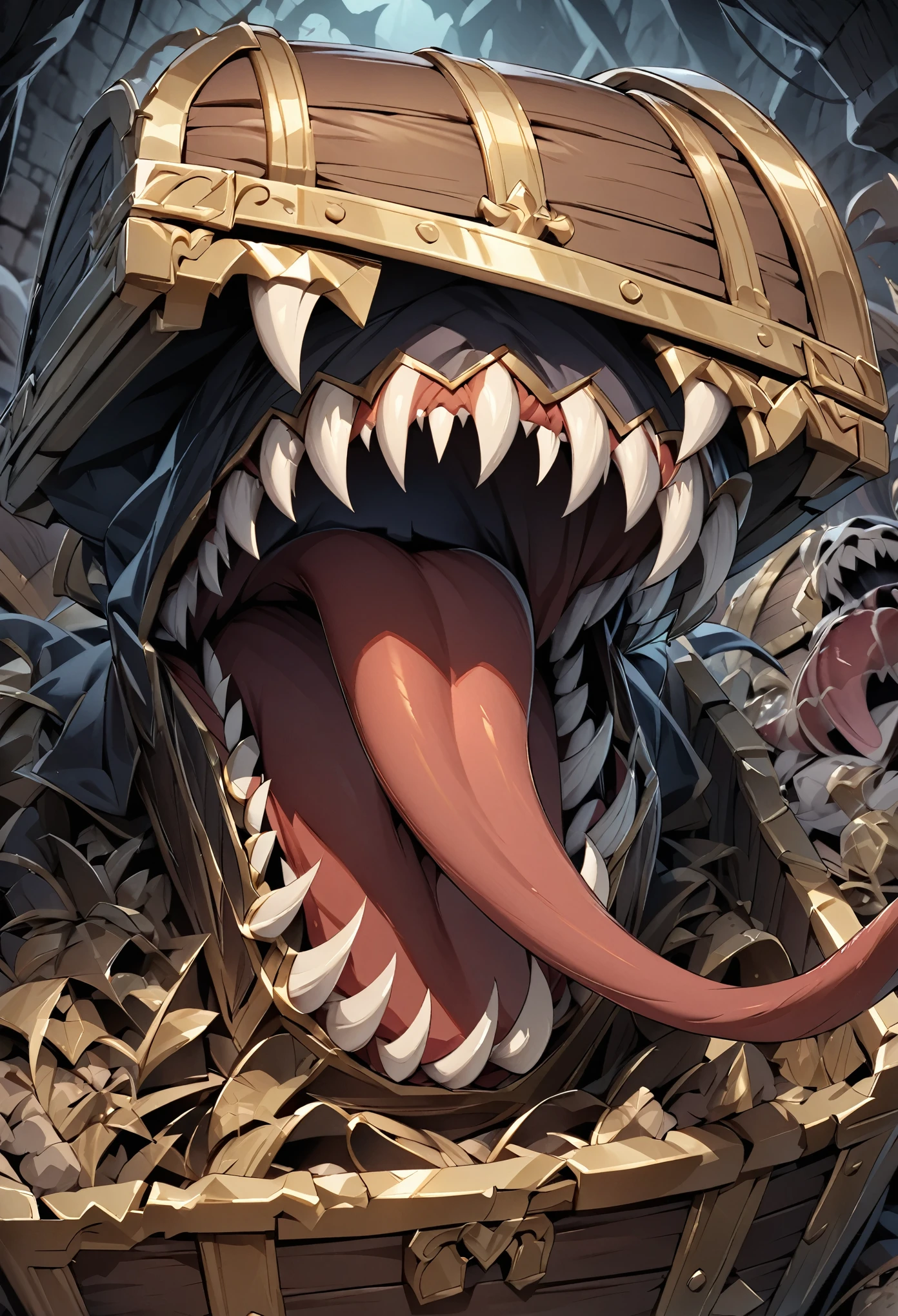 Disguised as a treasure chest, Transformed into a treasure chest, Mouth and fangs on a treasure chest, Treasure Chest Body, Long Tongue, mimic, Sharp Fangs:1.2, Attack with open mouth, Lurking deep in the dark dungeon, Dark color palette, High resolution, high resolution, High Detail, masterpiece:1.2,